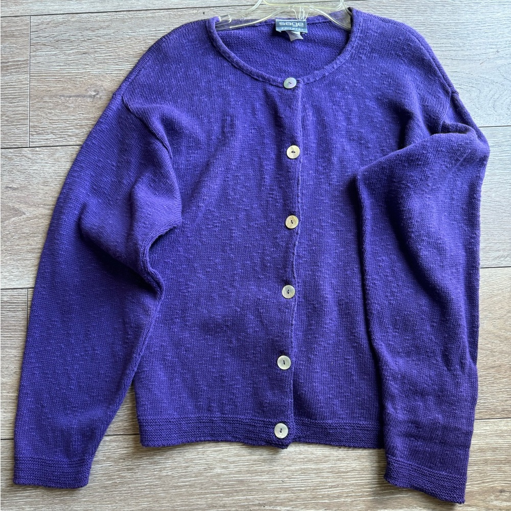 Purple SAGE knitwear cardigan sweater with white buttons
